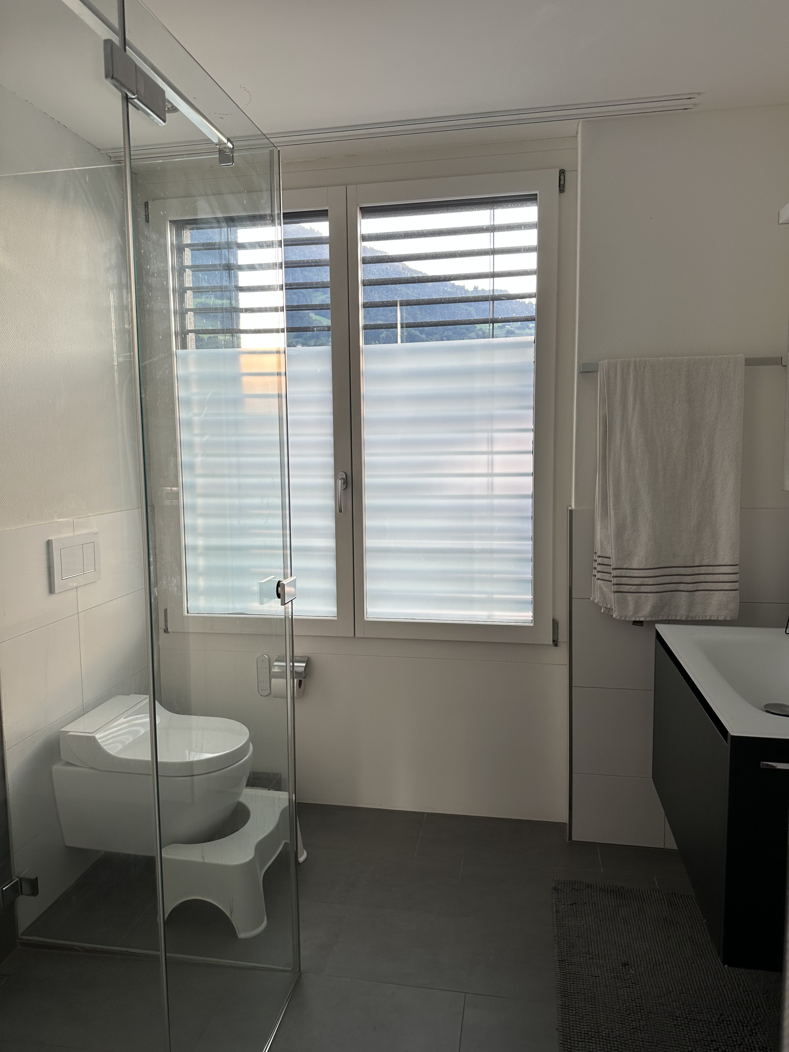 Cuarto de baño con ducha a ras de suelo.