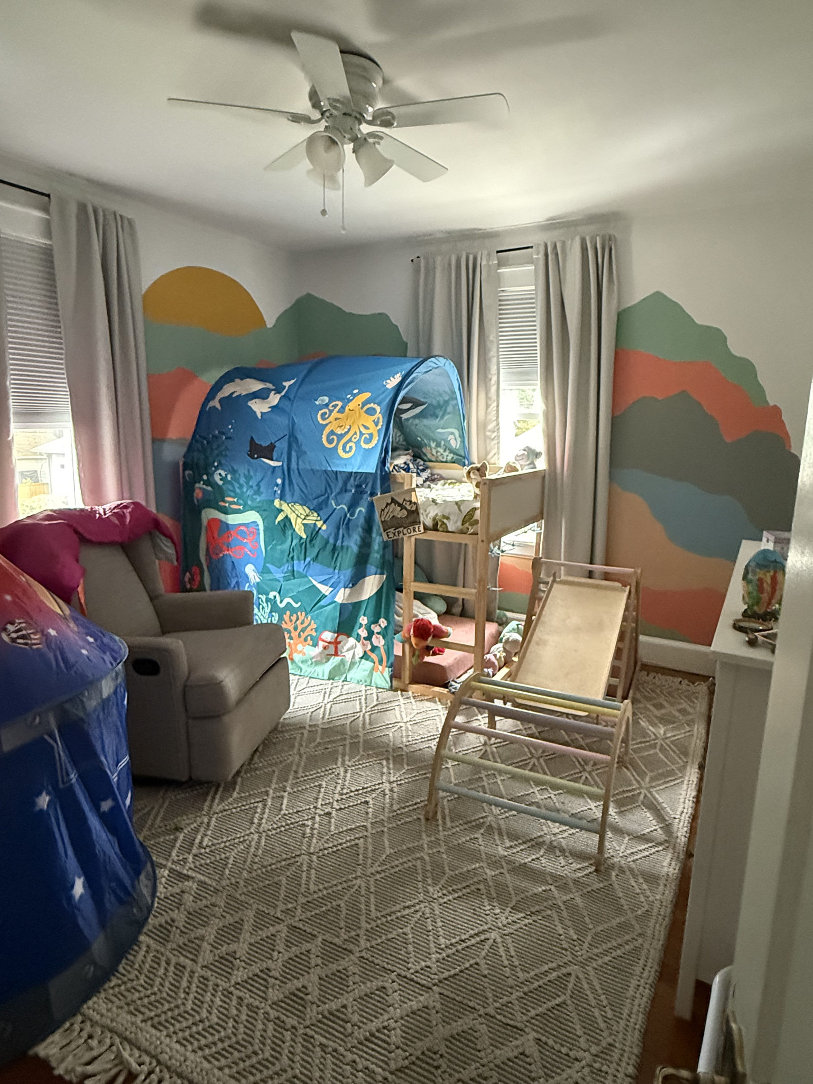 Bedroom 3: Kids' room with a platform twin bed -- while not technically a bunk bed, our little one o ...