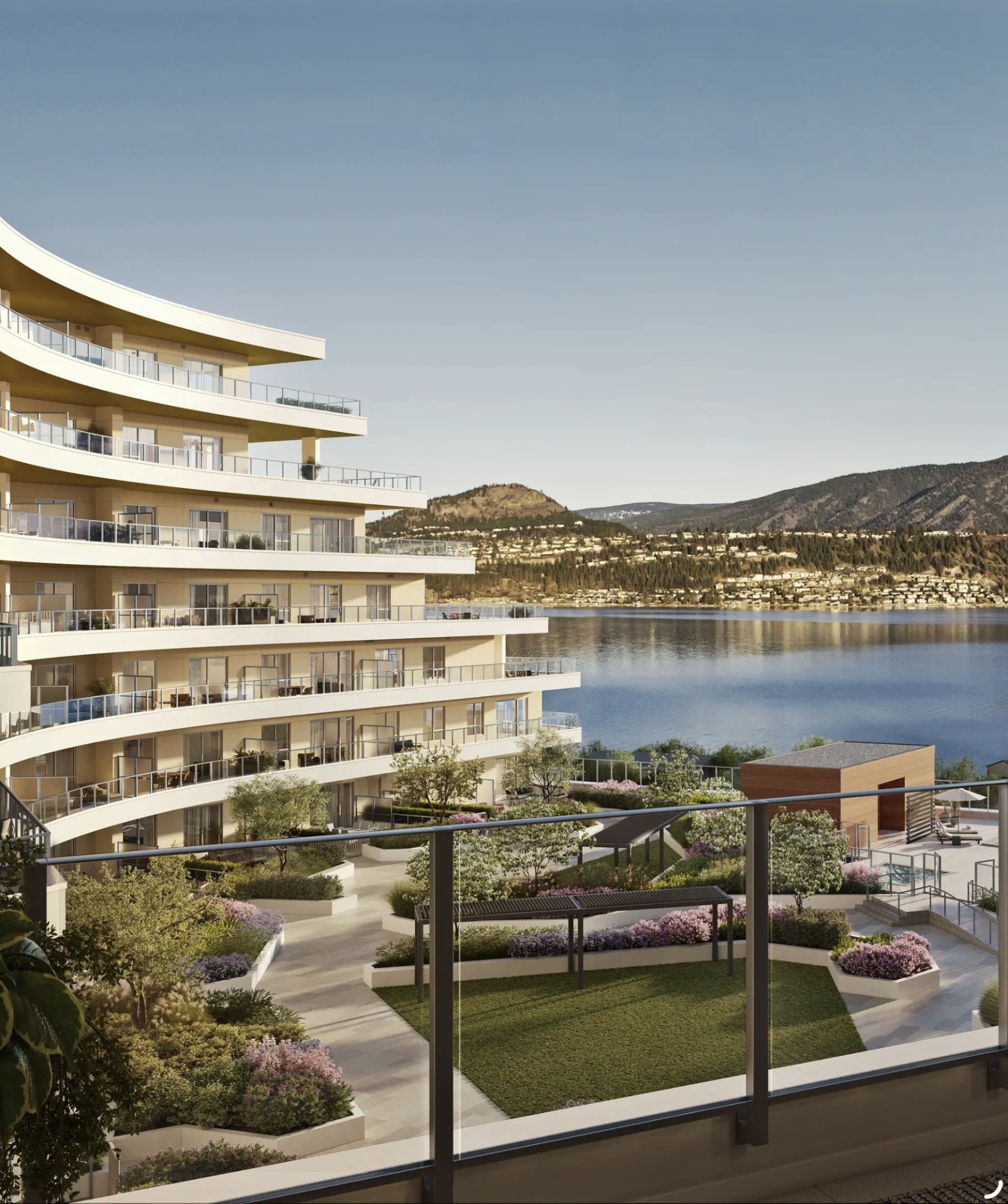 Estilo resort de dos habitaciones en Kelowna, BC. piscina, jacuzzi, gimnasio, pista de boccas, gran terraza...
