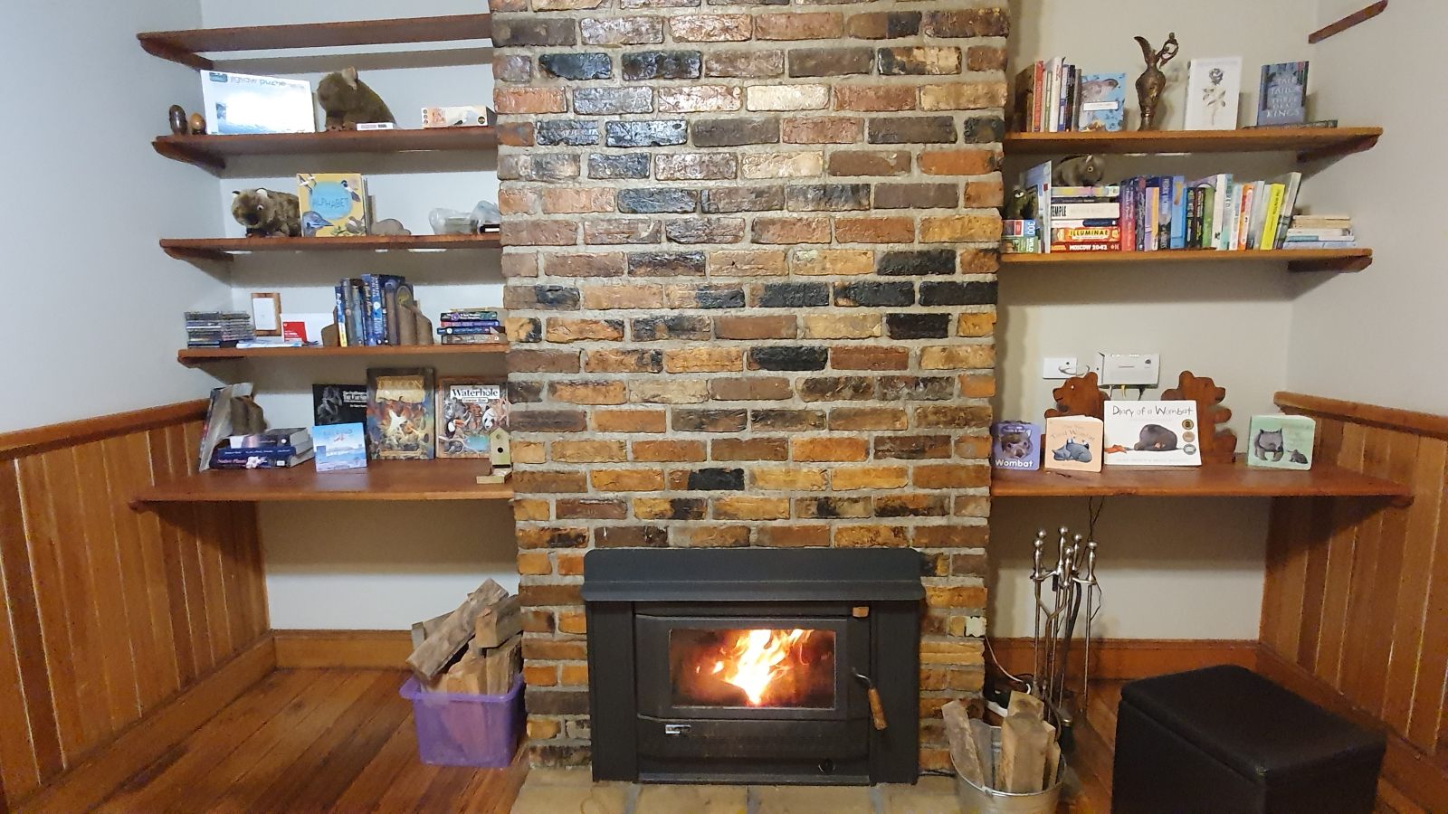 Cheminée et petite bibliothèque avec livres et jeux dans le salon