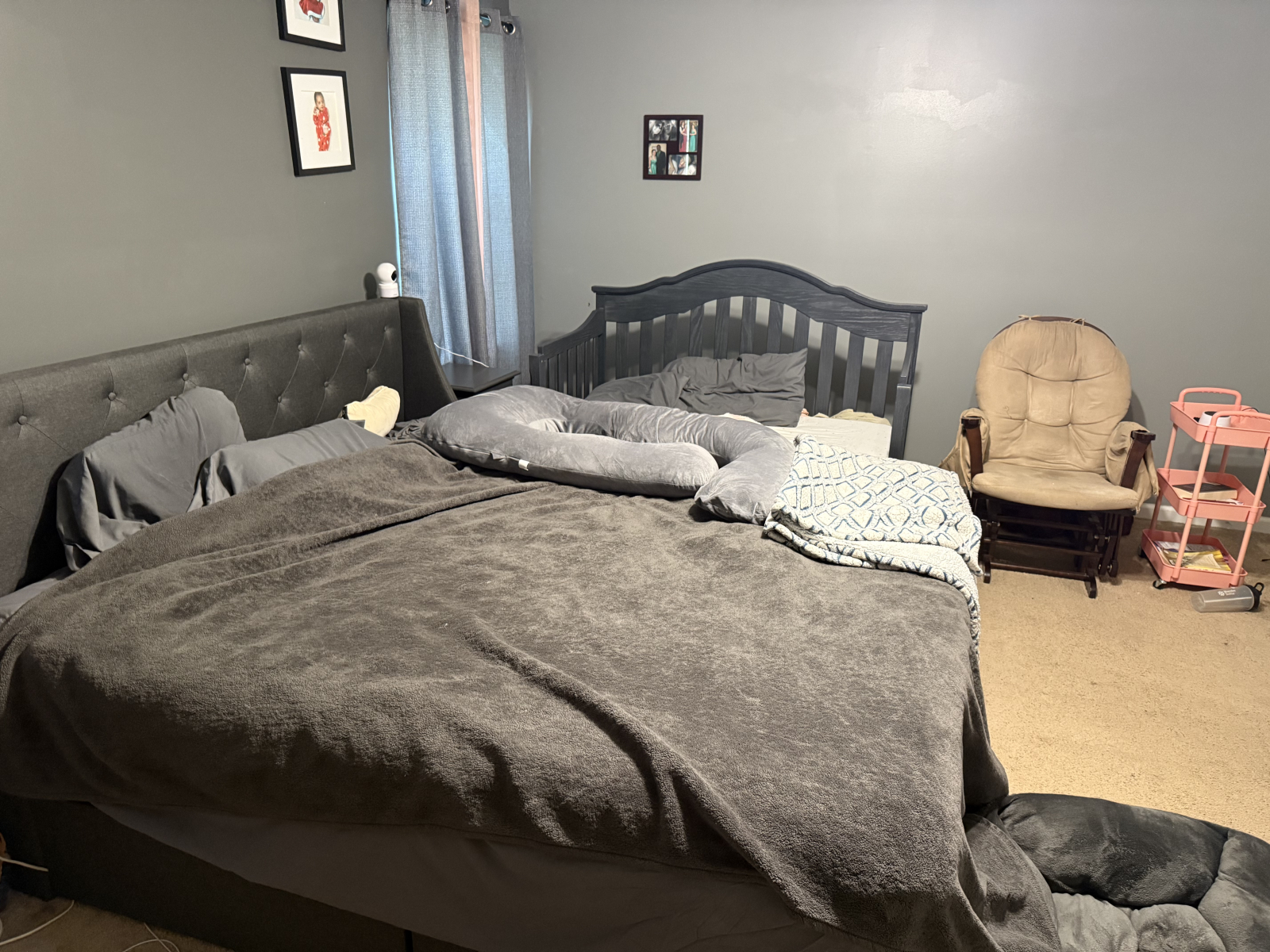 King Bed in master bedroom. in this pic, our crib is attached but the crib will be in the nursery fo ...
