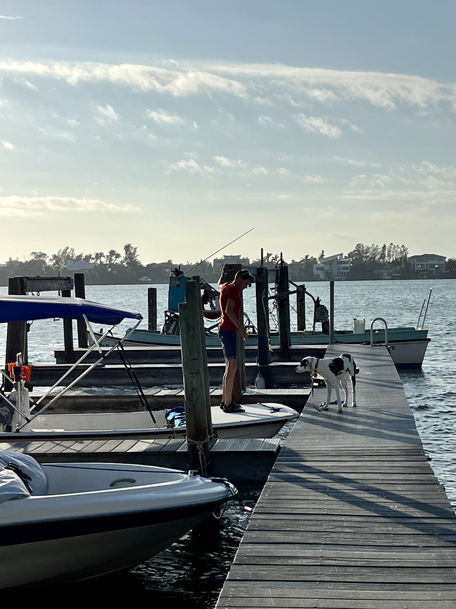 The shared dock. Getting back from an outing with Kevin.