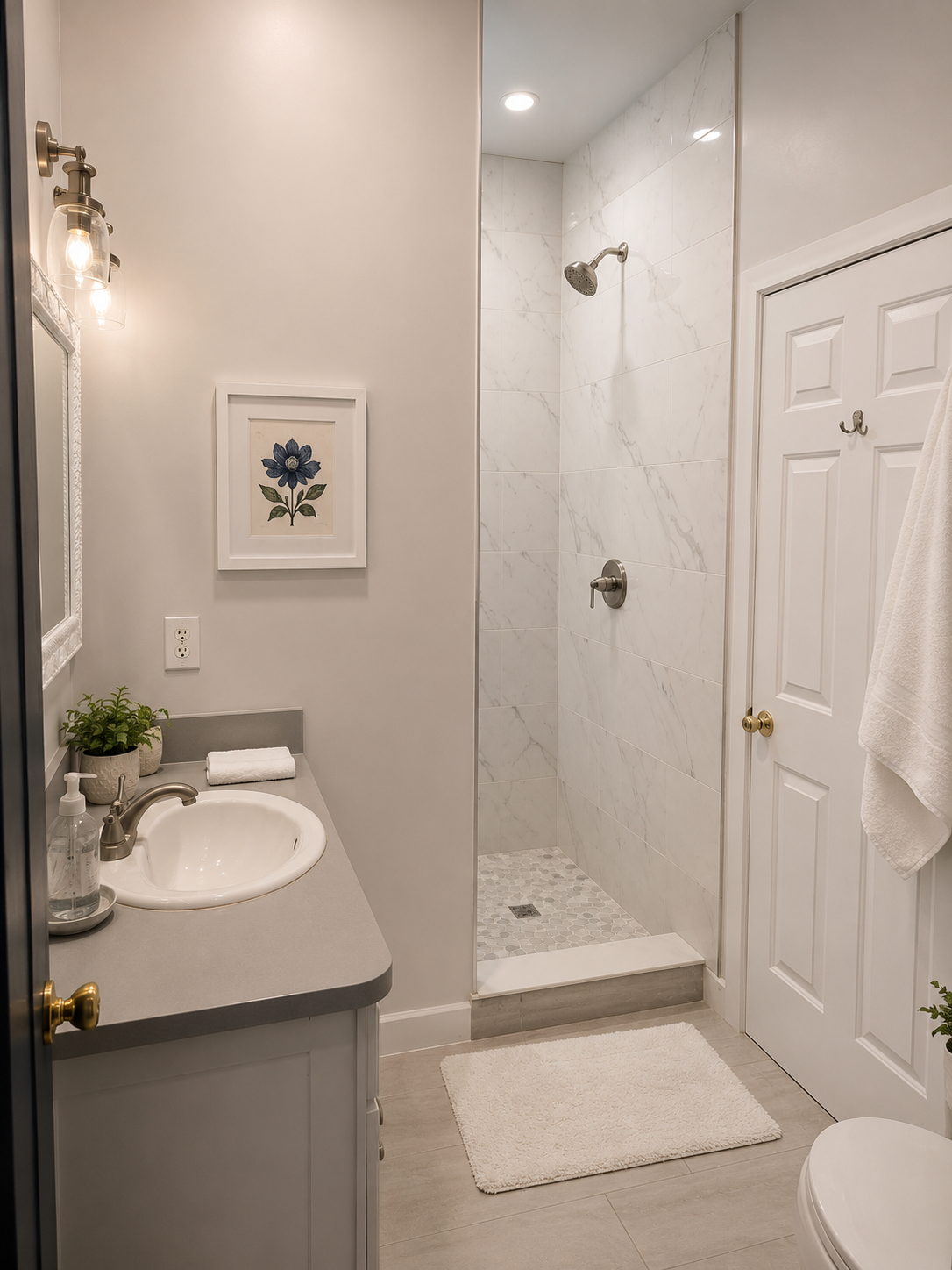 Nuestro segundo baño, completamente renovado, cuenta con una hermosa y lujosa ducha a pie y se abre directamente a la terraza exterior, lo que lo hace especialmente cómodo para los días de piscina y jacuzzi.